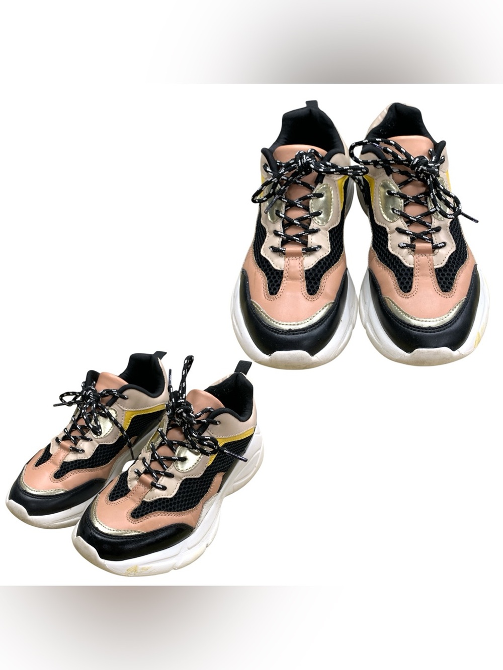 Cupid Pink, Black & Yellow Mixed-Material Platform Sneakers S7.5